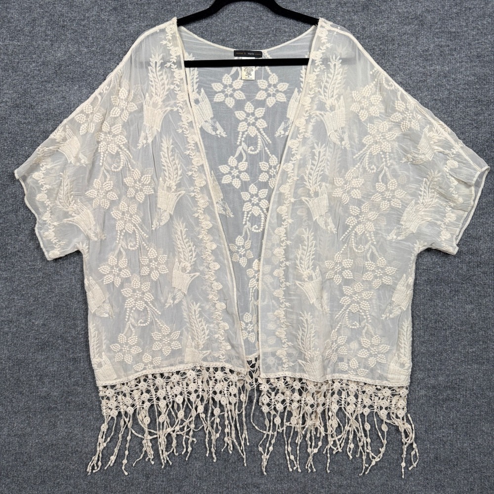 Jennie & Marlis Womens Plus Size 2X Cover Up Kimono Cream Embroidered Boho Beach